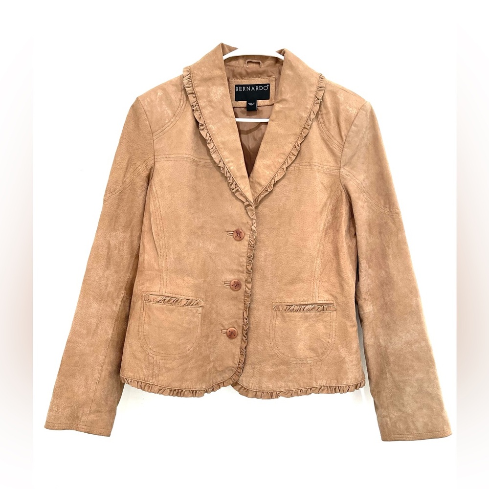Bernardo Women's Jacket Shimmery Genuine Leather Blazer Style Ruffle Trim Size L